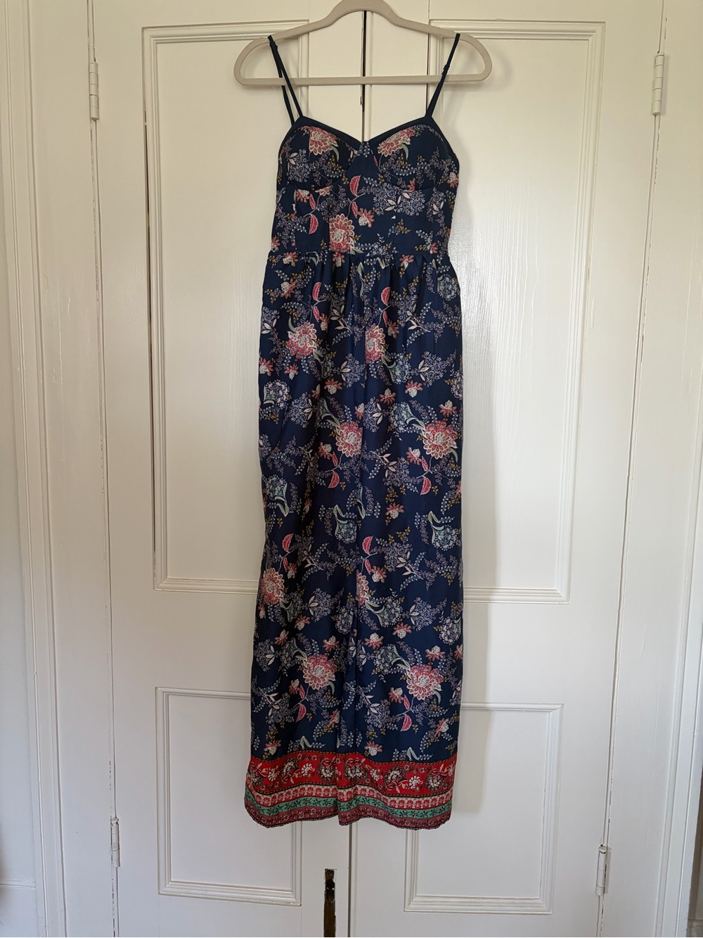 Band of Gypsies Navy Floral Spaghetti-Strap Jumpsuit with Red Border